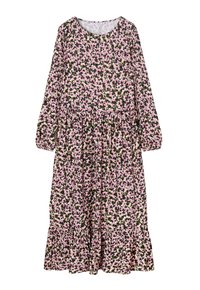 Langärmliges Blumen Kleid mit schwarzem Grund, pinken und grünen Blumen, rundem Ausschnitt und gestuften Rüschensaum.