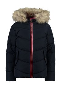 Granatowa kurtka puchowa z kapturem wykończonym futrem, różowym zamkiem błyskawicznym oraz wzorem w zygzak. Posiada boczne kieszenie i luźny krój.