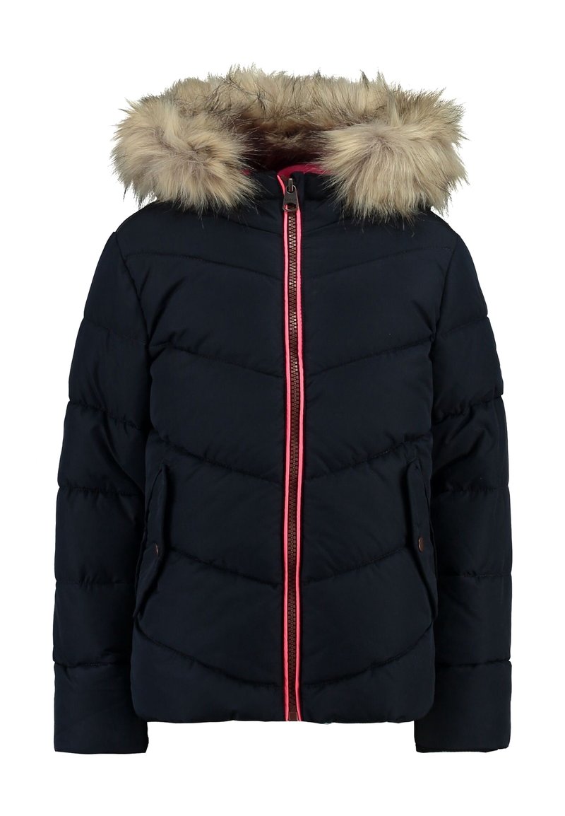 Granatowa kurtka puchowa z kapturem wykończonym futrem, różowym zamkiem błyskawicznym oraz wzorem w zygzak. Posiada boczne kieszenie i luźny krój.