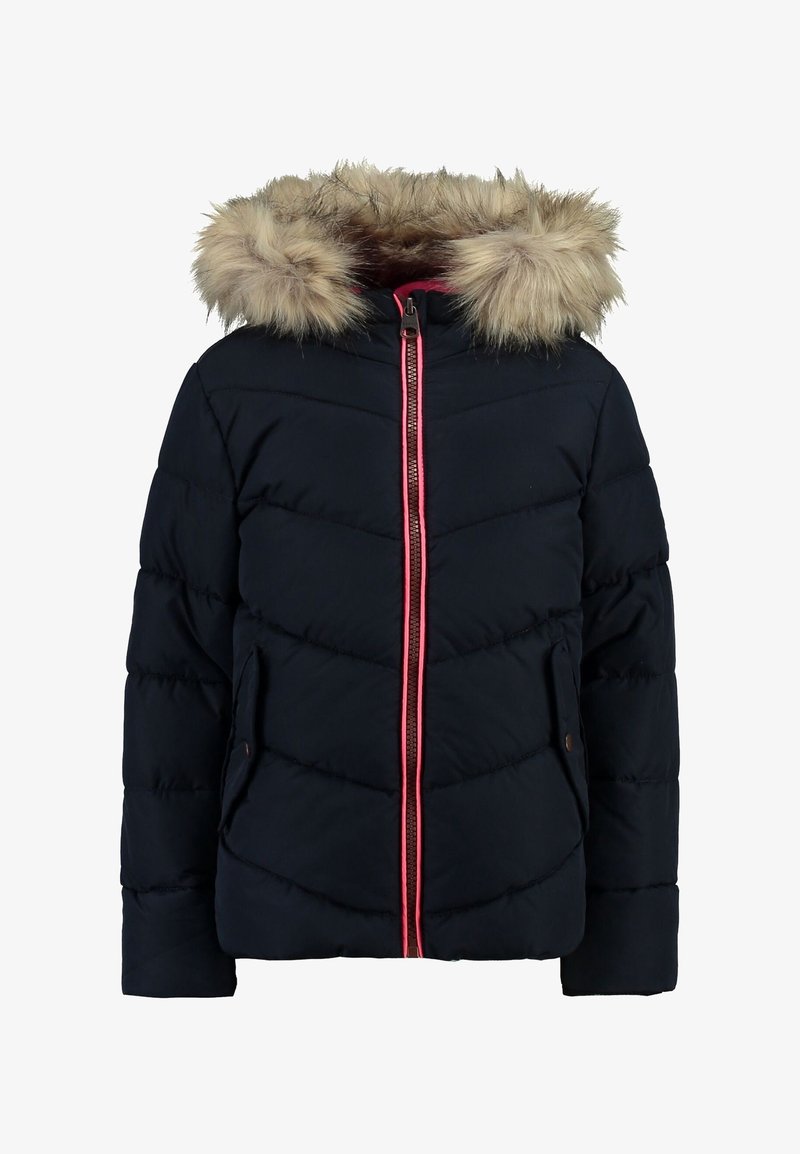 Granatowa kurtka puchowa z kapturem wykończonym futrem, różowym zamkiem błyskawicznym oraz wzorem w zygzak. Posiada boczne kieszenie i luźny krój.
