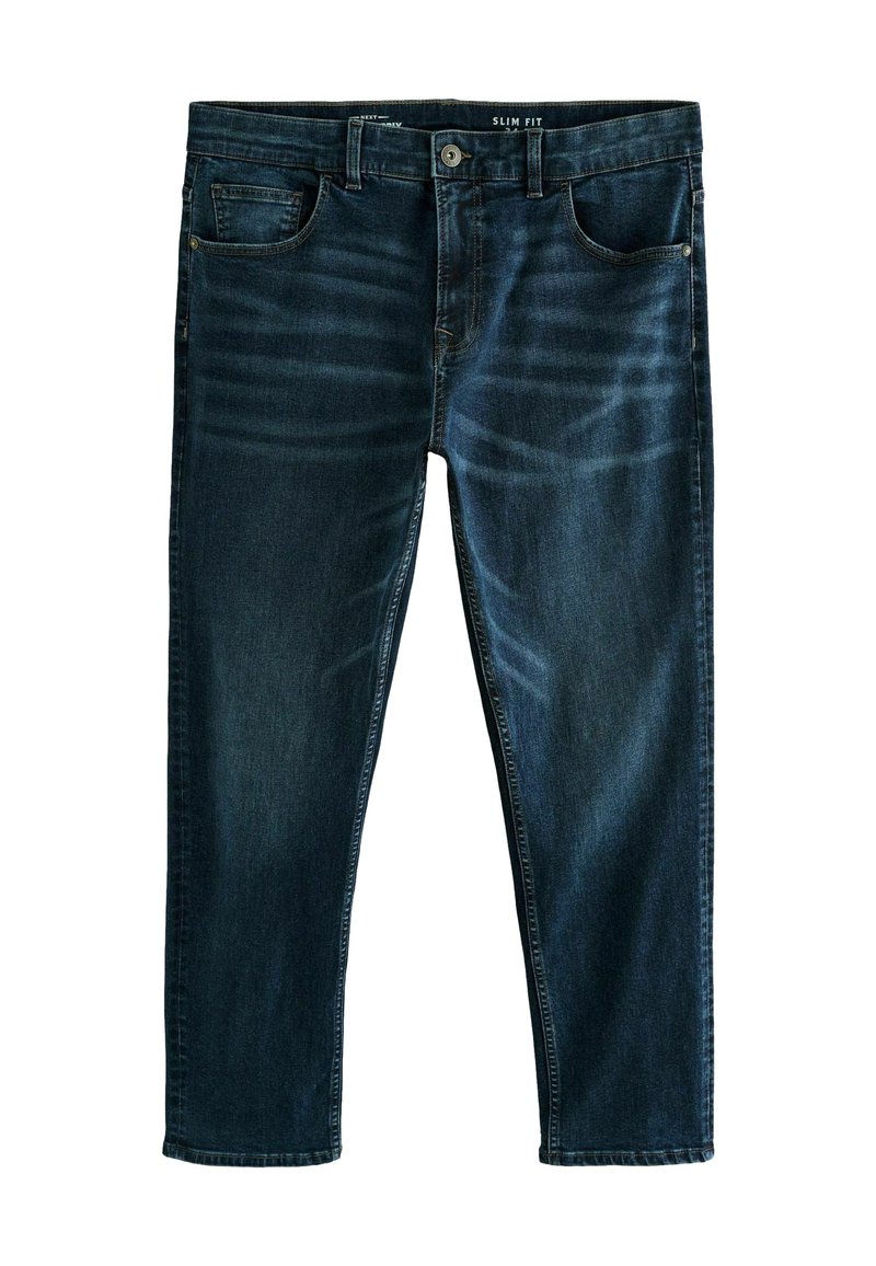 Slim fit denim jeans in dark blue, featuring five pockets, subtle fading, and a button closure. Standard length with thick stitching.