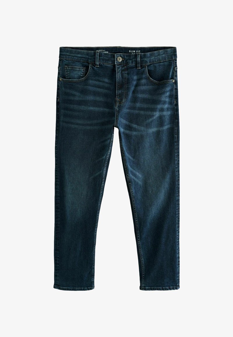 Slim fit denim jeans in dark blue, featuring five pockets, subtle fading, and a button closure. Standard length with thick stitching.