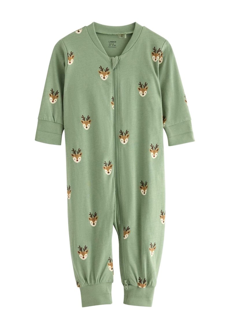 Grøn bomulds jumpsuit med lynlås foran, lange ærmer og et mønster af rensdyransigt med gevir.