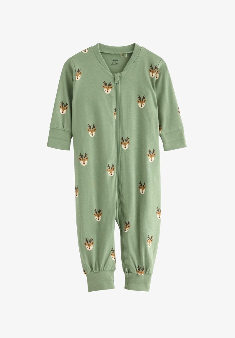 Grøn bomulds jumpsuit med lynlås foran, lange ærmer og et mønster af rensdyransigt med gevir.
