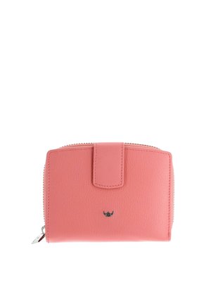 Compact coral pink leather wallet with a snap closure and a small metallic logo on the front center.