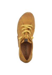 Yellow leather shoe with round toe, contrasting yellow laces, stitched accents, and a branded leather tag inside. Flat sole design.