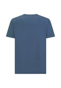 T-shirt a maniche corte con collo rotondo in cotone blu scuro. La parte posteriore è semplice, presenta una superficie liscia senza motivi visibili o accessori.