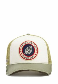 Cappellino con pannello frontale bianco, lati in rete verde oliva, toppa ricamata rotonda con un design a foglia e stelle rosse. Cuciture rinforzate sulla visiera.