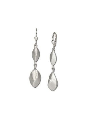Silberne Tropf Ohrringe mit geschichteten Blattformen, die eine gebürstete Textur und polierte Akzente für zusätzlichen Glanz aufweisen.