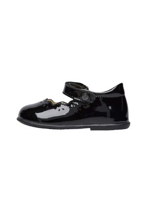 Chaussure enfant Mary Jane en cuir verni noir avec une bride Velcro réglable et un bout arrondi.