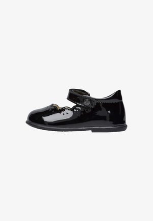 Chaussure enfant Mary Jane en cuir verni noir avec une bride Velcro réglable et un bout arrondi.