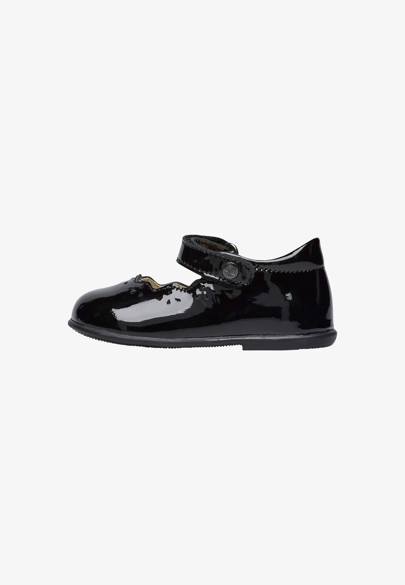 Chaussure enfant Mary Jane en cuir verni noir avec une bride Velcro réglable et un bout arrondi.