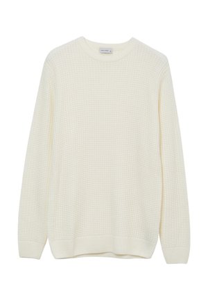 Pull léger en crème tricoté avec un motif en gaufre texturé, col rond et poignets et ourlet côtelés. Design décontracté, manches longues.