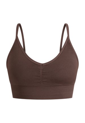 Bralette marrón sin costuras hecho de tela suave, con tirantes delgados ajustables, escote en V y banda ribeteada en la parte inferior con detalle de centro recogido.