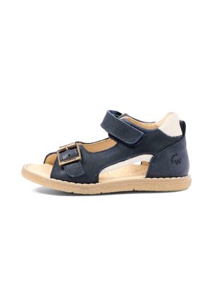 Sandalo per bambino in blu navy e beige con fibbia regolabile e cinturini in Velcro, suola imbottita e supporto per il tallone imbottito.