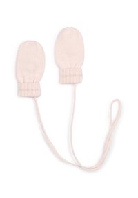 Muffole di maglia rosa chiaro con parte superiore arricciata, polsini a coste e una stringa di collegamento. Texture morbida e design semplice per mantenere caldo.