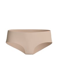 Beige Hipster-Unterwäsche aus glattem, elastischem Stoff mit nahtlosem Design und mittelhohem Bund. Keine sichtbaren Nähte oder Muster.