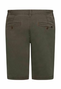 Pantaloni scurți de culoare verde măsliniu, confecționați dintr-un amestec de bumbac, cu o croială lejeră, două buzunare posterior cu nasturi și o margine cusută.