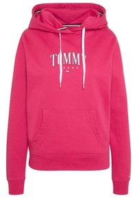 Sudadera rosa hecha de una mezcla de algodón que cuenta con capucha con cordones, bolsillo tipo canguro en la parte delantera y un diseño de texto con el logo en el pecho.