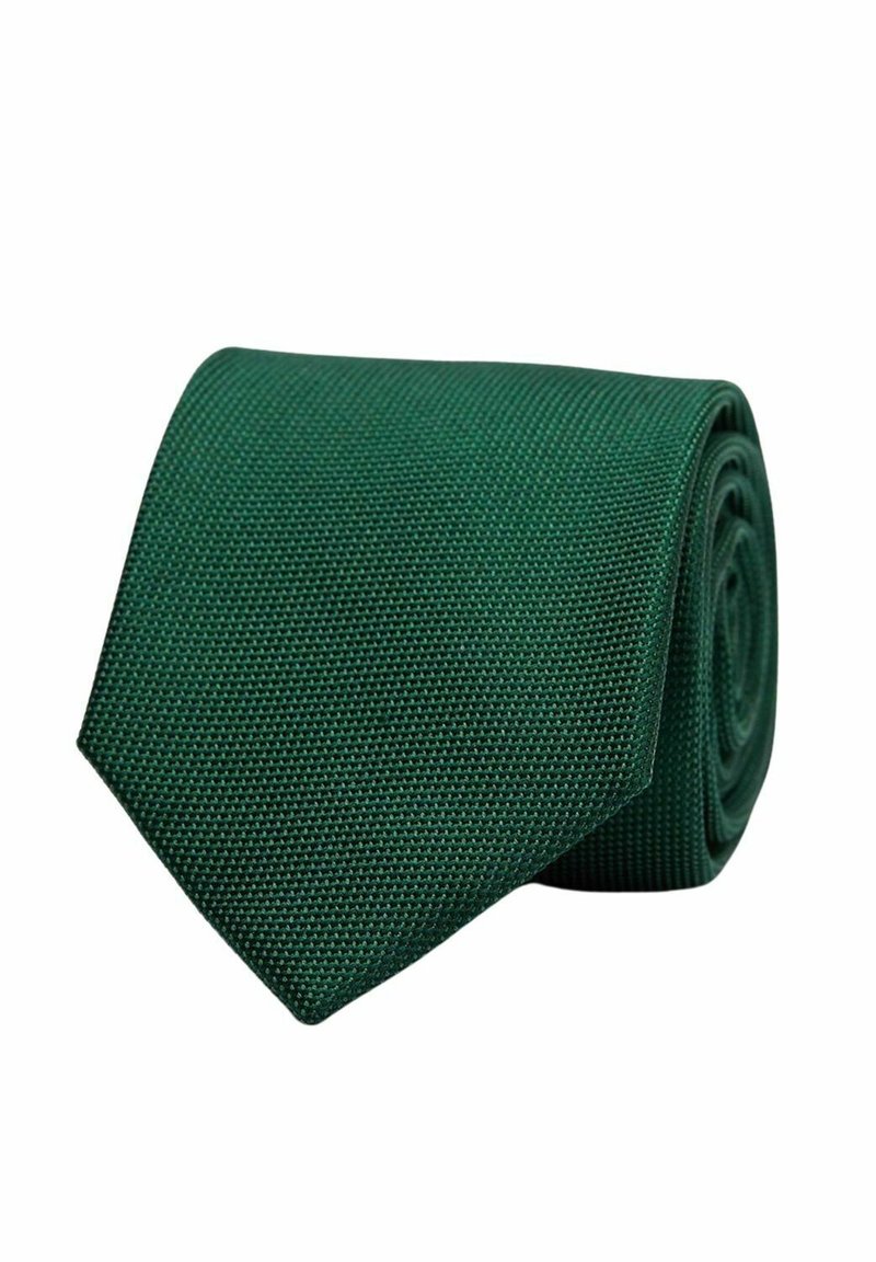 Grön texturerad slips rullad prydligt, som har en smal design med en spetsig ände. Materialet verkar vävt med ett subtilt mönster.