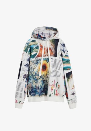 Kapuce sweatshirt pehmest kangast, millel on värviliste piltide, teksti ja illustreeritud kollaaž, elastsete varrukaotste ja äärega.