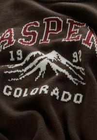 Brązowy sweter z dzianiny z białym i bordowym napisem "ASPEN" i "COLORADO", z graficznym wzorem gór oraz strukturą materiału.
