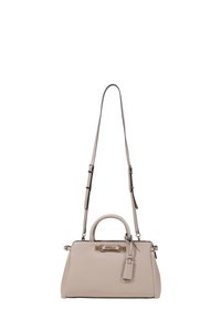 Borsa a mano in pelle beige con doppi manici, tracolla rimovibile e hardware in tonalità oro. Texture liscia, forma rettangolare, dettaglio di branding sottile.