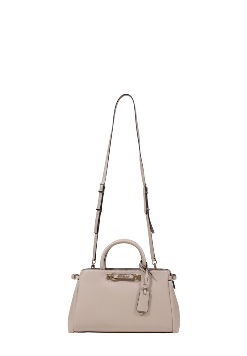 Borsa a mano in pelle beige con doppi manici, tracolla rimovibile e hardware in tonalità oro. Texture liscia, forma rettangolare, dettaglio di branding sottile.