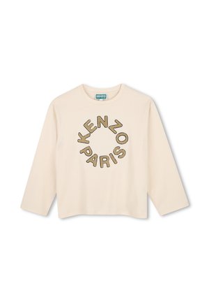 Chemise crème à manches longues avec col rond et texte beige circulaire indiquant "KENZO PARIS" sur le devant.