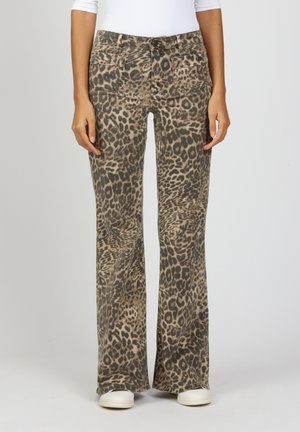 Leopard print flared jeans in tan and brown tones, featuring front pockets, a button closure, and a smooth fabric texture.