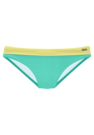 Zwemonderdelen met een turkooise kleur en een gele tailleband, met een gladde textuur en een klein zilveren logo-accent.