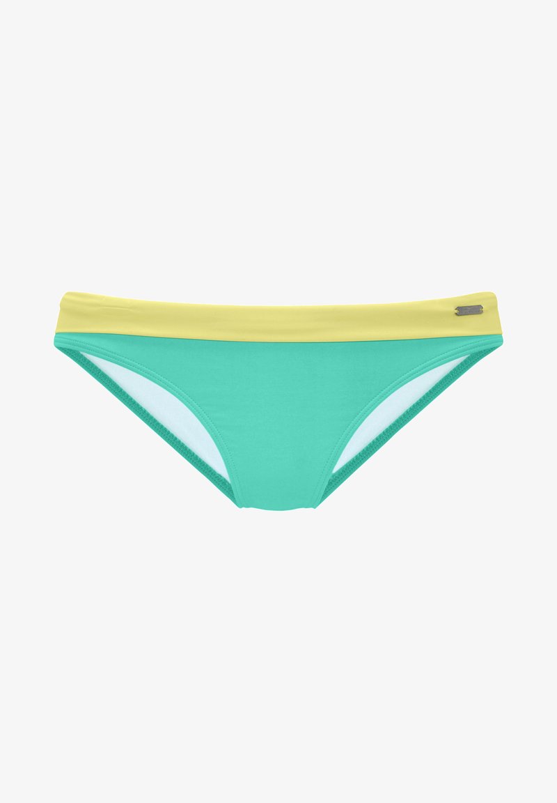 Zwemonderdelen met een turkooise kleur en een gele tailleband, met een gladde textuur en een klein zilveren logo-accent.