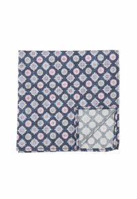 Multicolored patterned tablecloth with blue, pink, and white designs on a navy background; features a checkered underside.