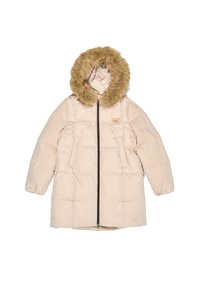 Abrigo acolchado en rosa claro con capucha de piel sintética. Cuenta con un cierre de cremallera, dos bolsillos delanteros y un diseño acolchado. Tela suave y ligera.