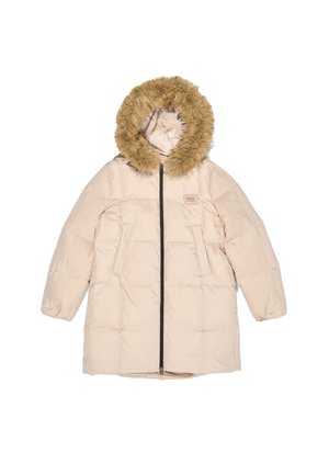 Gari rozā pūkainais mēteli ar mākslīgo kažokādu kapuci. Aprīkots ar rāvējslēdzēju, divām priekšējām kabatām un quilted dizainu. Mīksta, viegla auduma.