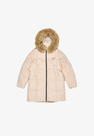 Bombažna jakna v svetlo roza barvi z umetnim krznom na kapuci. Ima zadrgo, dva sprednja žepa in prešiten vzorec. Mehka, lahka tkanina.