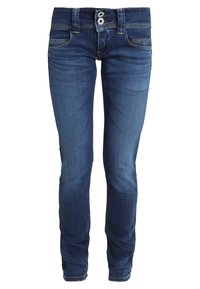 Mörkblå denimjeans med slimmad passform, som har två framfickor, knappgylf med två knappar och subtila whiskeringdetaljer.