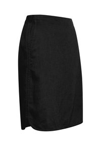 Jupe noire longueur genou avec taille élastique, poche latérale et fente sur le côté, fabriquée en tissu texturé.