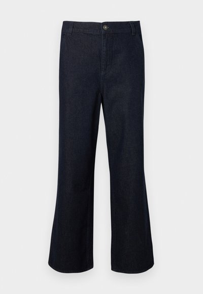Σκουρόμπλε παντελόνι από τζιν με flair, με κουμπωτή μέση, πέντε τσέπες και κλασική γραμμή. Το ύφασμα έχει λεία υφή.