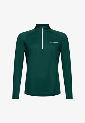 Pullover atletico verde scuro a maniche lunghe con zip a quarto bianco e logo Vaude sul lato sinistro del petto.