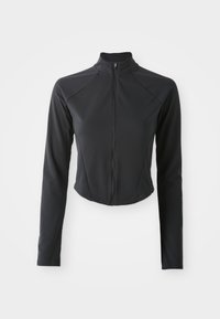 Veste noire courte en matériau extensible. Dotée d'un col haut, d'une fermeture éclair sur le devant et de manches longues avec des détails de couture.