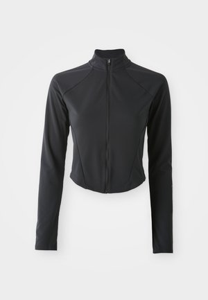 Black cropped jacket made of stretchy material. Features a high collar, full front zip, and long sleeves with seam detailing.