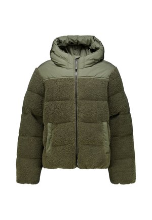 Olijfgroene gewatteerde jas met capuchon, ritssluiting en twee voorzakken; voorzien van zowel gladde als gestructureerde fleece panelen.