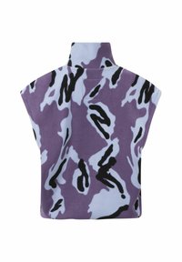 Ärmelloses Fleece-Oberteil in Lila und Hellblau mit einem schwarzen abstrakten Muster. Hoher Kragen und lässige Passform ohne sichtbare Verschlüsse.