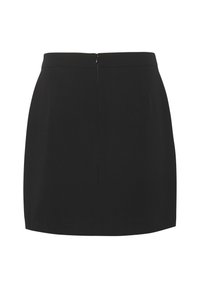 Black mini skirt with a simple silhouette, featuring a concealed back zipper and smooth fabric texture. No patterns or embellishments.