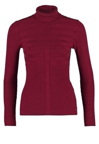Maglione smanicato bordeaux con texture a coste, caratterizzato da motivi a strisce orizzontali sul petto e maniche lunghe aderenti.