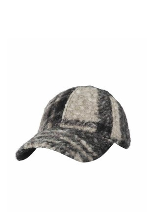 Grey and black woolen plaid baseball cap with a textured, soft fabric and curved brim on a white background.