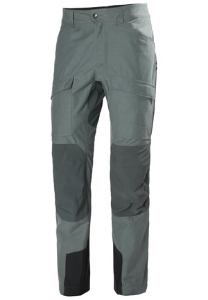 Pantalones cargo grises hechos de un tejido duradero, con múltiples bolsillos, paneles de rodilla reforzados en un tono más oscuro y un diseño de pierna recta.