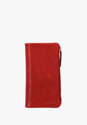 Red leather wallet, sleek design with a smooth texture. Features a zippered closure and a small side handle. Logo embossed on the front.
