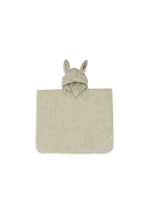 Serviette à capuche rectangulaire beige avec des oreilles d'animaux sur la capuche, conçue pour les enfants, en tissu éponge doux.